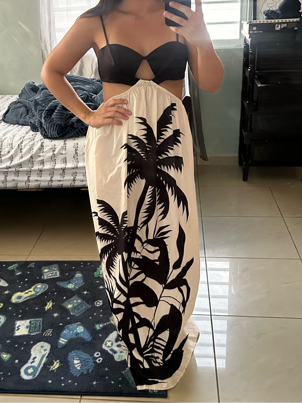 Black & Cream Tropical Cutout Maxi Dress
